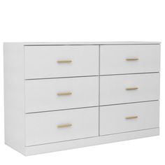 a white dresser with gold handles on it's top and bottom drawers, against a white background