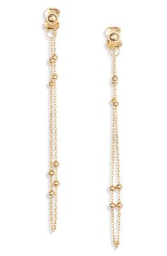 Classic hoops are revamped in a more contemporary form with slender chains and beads handcrafted from 14-karat gold. 2" drop; 1/8" width Post back 14k gold Made in Italy Elegant 14k Gold-filled Jewelry With Dangling Beads, Gold Dangle Earrings With Beaded Chain, Elegant Earrings With Satellite Chain As Gift, Elegant Earrings With Satellite Chain For Gift, Elegant Dangle Double Chain Jewelry, Gold Plated Dangle Jewelry With Beaded Chain, Gold Plated Beaded Dangle Jewelry, Elegant Gold Earrings With Double Chain, Yellow Gold Long Drop Jewelry With Gold Chain