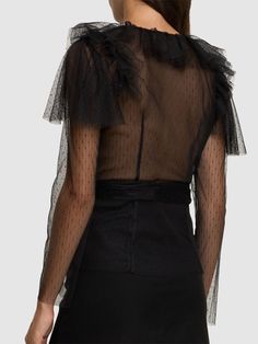 Wraparound self-tie closure . Ruffled trim. Unlined. Model is wearing a size38 Versace Brand, Lorenzo Serafini, Italian Fashion Designers, Shearling Jacket, Italian Fashion, Black Top, Woman Colour, Swimwear Tops, Party Outfit