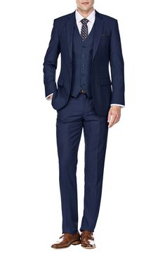 Bring understated elegance to the table in this three-piece suit crafted from rich fabric in a classic single-breasted silhouette. Jacket has notched lapels; chest welt pocket; front flap pockets Vest has front button closure; V-neck Pants have zip fly with button closure; front slant pockets; back button-welt pockets Jacket and vest are lined; trousers are lined to the knee 65% polyester, 35% viscose Dry clean Imported Each suit has a 6” drop, meaning that a size 38R jacket is paired with size Slim Fit Single Breasted Set With Notch Lapel, Semi-formal Slim Fit Single Breasted Three-piece Suit, Slim Fit Three-piece Suit With Welt Pockets, Slim Fit Single-breasted Three-piece Suit, Wedding Three-piece Suit With Welt Pockets, Slim Fit Suits With Welt Pockets And Suit Collar, Semi-formal Suit With Welt Pockets And Suit Collar, Semi-formal Three-piece Suit With Notch Lapel And Welt Pockets, Semi-formal Suit With Welt Pockets