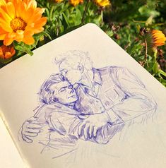 a drawing of two people hugging in front of some flowers and orange daisies on a sunny day