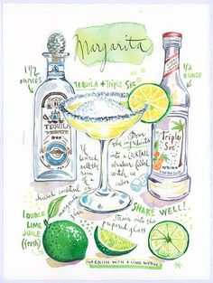 the margarita cocktail recipe is shown in this watercolor and ink drawing, with ingredients to make it