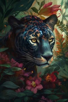 a painting of a leopard surrounded by flowers and leaves, with the eyes glowing brightly