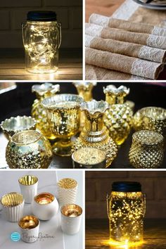 gold and white candles are on display in this collage, including one with lights