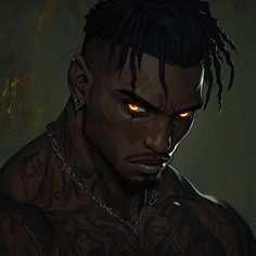 a drawing of a man with red eyes and tattoos on his chest, staring at the camera