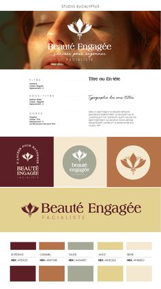 the website for beaute engage is shown with different colors and font options, including red hair