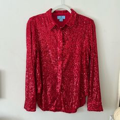 Cece Red Sequined Long Sleeve Shirt Size Small New Red Sequined Blouse For Party, Red Sequin Tops For Spring, Red Sequined Tops For Fall, Fitted Red Shirt For Party, Red Shirt For Spring Party, Red Tops For Fall Holiday, Red Holiday Tops For Fall, Red Tops For Holiday In Fall, Red Holiday Tops For Festive Occasion