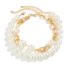 This Double Layered Faux Pearl Necklace comes in three stunning color options: Gold, White, and Gold+White. Elevate your style with this elegant and versatile necklace that is sure to turn heads. Material: imitation pearl+aluminum chain White Pearl Necklace With Pearl Chain, White Pearl Choker Chain Necklace, Elegant White Layered Necklace With Adjustable Chain, Chic White Chain Necklace With Pearl Charm, White Metal Layered Necklace For Party, Elegant White Necklace With Double Chain, White Pearl Chain Metal Necklace, Pearl White Pearl Necklace With Chain, White Metal Pearl Chain Necklace