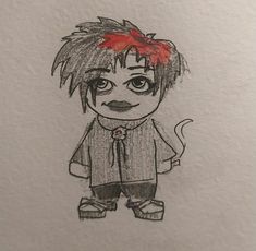 a drawing of a boy with red hair and an eye patch on his head, standing in front of a white wall