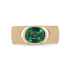 Exuding refined masculinity, this emerald solitaire men's ring showcases a captivating 1.80-carat oval-cut emerald from Zambia, boasting a striking medium green hue, semi-transparent clarity, and very good luster. The emerald takes center stage, securely bezel set in an 8.0mm gold band setting, oriented east to west, creating a bold and timeless statement piece for the modern gentleman. Setting Style: Bezel-Solitaire  Setting Material: 14K Yellow Gold  Setting Weight: 9.8 Grams Main Stone: Emerald Shape: Oval Cut  Weight: 1.80-Carats Dimensions: 9.0mm x 7.20mm x 4.20mm Clarity: Semi-Transparent Color: Medium Green Luster: Very Good Treatments: Natural, Oiling Origin: Zambia  Estimated Retail Value: $7,190.00 USD A certificate of appraisal is provided upon purchase. Keep in mind we custom c Formal Oval Signet Ring With May Birthstone, Modern Emerald Oval Signet Ring, Modern Emerald Signet Ring For Formal Occasions, Classic Oval Emerald Ring With Tension Setting, Oval Emerald Ring With Tension Setting In Fine Jewelry, Modern Emerald Oval Cabochon Ring For Anniversary, Modern Formal Emerald Ring With Oval Cabochon, Modern Oval Emerald Ring For May Birthstone, Delicate Gold Jewelry