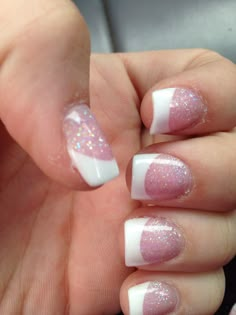 French Tip Shellac Nails With Design, Nail Idea For A Cruise, Glitter Pink And White Nails, White Tip With Glitter Nails, Pink And White Ombre Nails With Glitter Short, Pink And White Acrylic Nails With Glitter, Short French Tip Acrylic Nails Square Sparkle, Pink And White French Tip Nails With Glitter, Pink And White Sparkle Nails