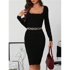 -Item Id 40585278 -Details: Lettuce Trim, Scallop -Neckline: Square Neck -Sleeve Type: Regular Sleeve -Style: Elegant -Type: Bodycon -Waist Line: Natural -Hem Shaped: Pencil -Color: Black -Pattern Type: Plain -Sleeve Length: Long Sleeve -Fit Type: Slim Fit -Length: Knee Length -Material: Knitted Fabric -Composition: 65% Polyester, 28% Viscose, 7% Elastane -Care Instructions: Machine Wash, Do Not Dry Clean -Sheer: No -Fabric: Medium Stretch -Body: Unlined **Open To Offers!!!** **Bundle To Save Mo Elegant Winter Bodycon Dress With Square Neck, Elegant Solid Bodycon Dress For Going Out, Black Dress Classy Knee Length, Elegant Fall Bodycon Dress For Going Out, Elegant Winter Dress For Going Out, Church Fits, Black Dresses Classy, Classy Chic, Mid Length Dresses