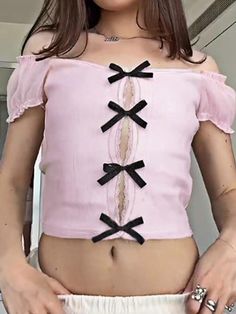 Kawaii Sweet Cute Bow Hollow Out Top - AnotherChill Hollow Out Top, Mode Rose, Pastel Goth Fashion, Baby Tees Y2k, Y2k Preppy, Y2k Baby Tee, Y2k Outfits, Cute Bow, One Piece Bodysuit