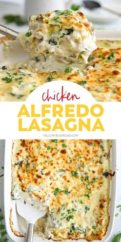 chicken alfredo lasagna in a white casserole dish with a serving spoon