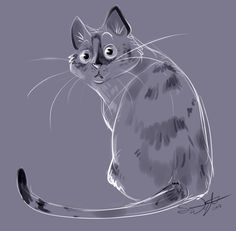 a black and white drawing of a cat on a gray background with the caption's name written below it