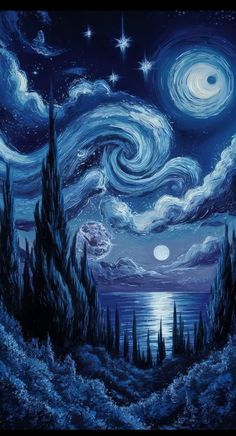 a painting of the night sky with stars and clouds above water, as well as trees