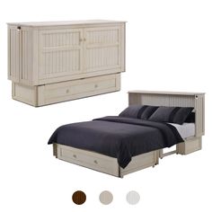 a bed with two drawers and a night stand next to each other on a white background