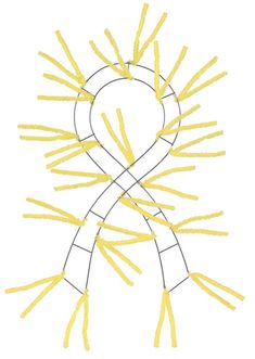 a drawing of a yellow ribbon made out of sticks and yarn with the shape of a heart on it