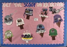 a bulletin board with ice cream cones and pictures on the front, along with words that read get the scoop on rlvin