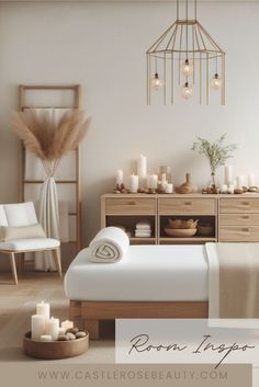 a bedroom with white walls and wooden furniture in the corner, candles on the bed