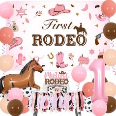 a pink and brown first rodeo birthday party with horse balloons, cowgirl cake topper, cowboy boots, and more