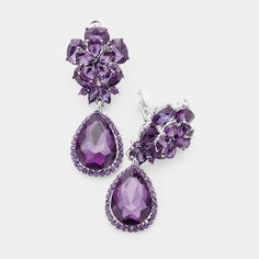 Flower Purple Crystal Teardrop Dangle Clip on Earrings by Miro Crystal Collection Purple Dangle Earrings, Pageant Earrings, Formal Earrings, Crystal Teardrop Earrings, Cocktail Earrings, Flower Purple, Prom Earrings, Amethyst Crystals, Purple Colour