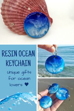 an ocean themed keychain is shown with the words resinen ocean keychain unique gifts for ocean lovers