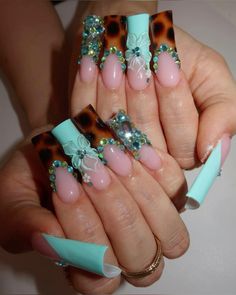 #nailsofinstagram #naildesign Nessa Nails, Teal Nails, Retro Nails, Leopard Print Nails, Colored Acrylic Nails, Cute Acrylic Nail Designs, Print Nails, Classy Acrylic Nails