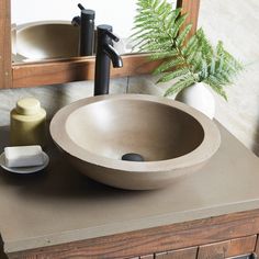 a bathroom sink sitting on top of a wooden counter next to a mirror and potted plant