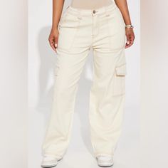 Fashion Nova Ivory Cargos With Brown Stitching Size 1 New With Tags (Brand New) High Waisted Wide Legged Fitted Off White Bottoms With Pockets, Cream Cargo Pants With Side Pockets For Spring, Cream Pants With Side Pockets For Spring, Fitted Off-white Bottoms With Pockets, High Waist Cream Pants With Pockets, White Wide Leg Bottoms With Contrast Stitching, Trendy Cream Bottoms With Pockets, Cream Cotton Cargo Pants For Work, Fitted Beige Cargo Pants For Spring