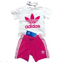 Pink & White 12 Months Shorts Have Strings To Adjust The Waist! If You Have Any Other Questions, Ask! White Short Set For Playtime In Summer, White Cotton Short Set For Spring, Spring White Cotton Short Set, White Short Set For Spring, Playful White Short Set For Spring, Cute White Short Sets, Pink Adidas Cotton Set, Adidas Pink Cotton Sets, Casual Adidas Sets For Spring