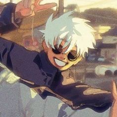 an animated image of a man with white hair and sunglasses pointing at something in the air