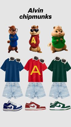 the chipmuns are all wearing different shirts and shorts, with sunglasses on their eyes