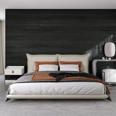 a modern bedroom with black and white decor