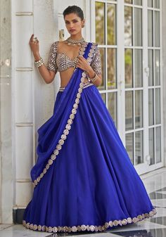 Blue Organza Lehenga With Embroidered Elbow Sleeves Blouse Vvani by Vani Vats - Fabilicious Fashion Gold Blouse Outfit, Blue Brocade Lehenga, Blue Organza Lehenga, Royal Blue Lehenga, Mirror Blouse, Western Lehenga, Mirror Border, Blue Organza, Organza Lehenga