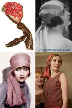 1920s head wraps with scarves. Upper right is a beautiful applique head scarf for by Bohomonde (and comes in more colors) 1920s Womens Hats, 1920s Womens Accessories, 1920s Scarf Hair, 1920s Hair Scarf, 1920s Head Scarf, 1920s Headscarf, 1920s Costume Women, 20s Headscarf, 1920 Head Scarf