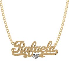 Ladies Satin Script Name Plate Diamond Heart Ribbon Necklace Real 14K Gold - bayamjewelry Cheap Letter Print Nameplate Necklace, Luxury Diamond Nameplate Jewelry, Luxury Statement Nameplate Name Necklace, Luxury Diamond Nameplate Necklace Gift, Necklaces Collection, Heart Ribbon, Real Gold Jewelry, Ribbon Necklace, Nameplate Necklace