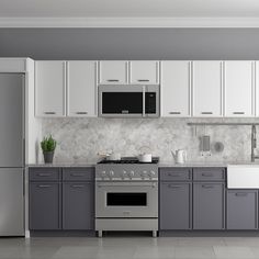 a modern kitchen with gray and white cabinets