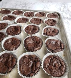 chocolate cupcakes sitting on top of a baking sheet