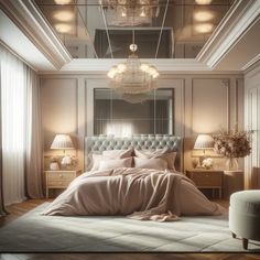 a large bed sitting under a chandelier in a bedroom