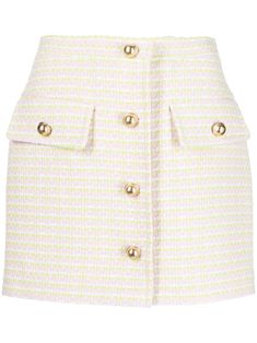 button-up mini skirt from Pushbutton featuring light pink, multicolour, cotton blend, gold-tone hardware, monogram print, button fastening, two button-fastening pockets and A-line. | pushBUTTON Button-Up Mini Skirt Tweed Outfits, Latest Skirts, Skirt Trends, Tweed Skirt, Modest Fashion Outfits, Modern Fashion, Cute Fashion, Couture Fashion, Modest Fashion