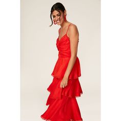 Red crepe (100% Polyester). Hourglass. Sleeveless. Sweetheart neckline with knot detail along bodice. Ruffle tiered skirt detailing. Hidden back zipper closure. 45” from should to hemline. Imported. Fitted Tiered Red Midi Dress, Red Tiered Dress With Ruffle Hem, Red Feminine Tiered Dress, Red Tiered Ruffle Midi Dress, High-end Romantic Red Midi Dress, Tiered Midi Dress, Red Midi Dress, Tier Skirt, Closet Designs