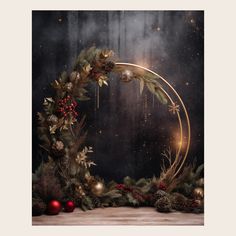 a christmas wreath with pine cones, berries and other decorations on a wooden table in front of a dark background