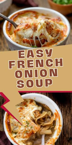 an easy french onion soup recipe in a white bowl with a red arrow pointing to it