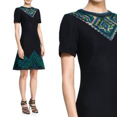 A Cocktail Dress Like No Other, Our Sheath Dress Features Tribal-Motif Embroidered Over Crepe And Tulle On The Skirt And The Neckline. Short Sleeves Make This An Easy And Stylish Option. Color: Jungle Green Size: Xxs Fitted A-line Dress With Intricate Embroidery, Intricate Embroidery A-line Fitted Dress, Elegant Embroidered Dress With Geometric Embroidery, Fitted Dress With Geometric Embroidery For Spring, Fitted Spring Dress With Geometric Embroidery, Elegant Multicolor Embroidered Dress, Fitted Knee-length Embroidered Dress, Traditional Fitted Dress With Geometric Embroidery, Elegant Fitted Dress With Geometric Embroidery