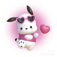 a cartoon cow wearing sunglasses and holding a heart shaped object in the air with its paws