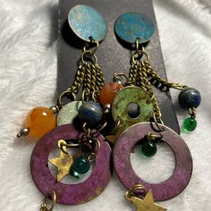 Handcrafted, Boho Earrings, Noc, Metal Circles, And Disc Stars Glass Bead, Stone Bead Connected With Gold Chain. 58 Purple Metal Dangle Earrings, Purple Dangle Metal Earrings, Handmade Purple Metal Earrings, Purple Metal Earrings With Dangling Beads, Purple Metal Chandelier Earrings For Gifts, Purple Metal Chandelier Earrings As Gift, Purple Metal Dangle Chandelier Earrings, Purple Metal Chandelier Dangle Earrings, Unique Purple Earrings With Dangling Beads