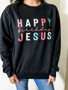 Celebrate the birth of Jesus in style with this cozy, unisex Happy Birthday Jesus Sweatshirt. This sweatshirt is perfect for any occasion, whether you’re attending a Christmas party or just want to show your faith. Enjoy the soft feel of this comfortable sweatshirt all season long! Casual Black Sweatshirt For Birthday, Black Casual Sweatshirt, Birthday Letter Print Relaxed Fit Sweatshirt, Black Graphic Print Sweatshirt For Birthday, Relaxed Fit Letter Print Sweatshirt For Birthday, Birthday Sweatshirt With Graphic Print In Relaxed Fit, Casual Birthday Sweatshirt With Lettering, Winter Birthday T-shirt With Letter Print, Casual Sweatshirt With Lettering For Birthday