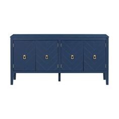 an image of a blue sideboard with gold knobs on the doors and drawers