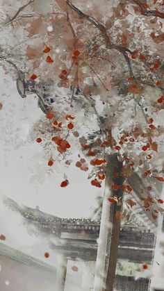 an artistic painting of trees with red leaves in the foreground and a building in the background